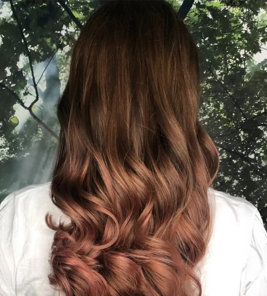 Back view of long brown hair with pink-toned highlights styled in loose curls for a professional haircut. - Ka'ton Salon, Fort Lauderdale FL