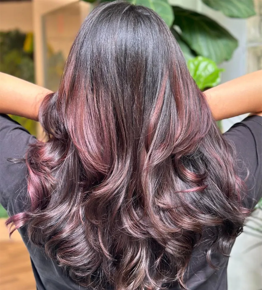 Back view of long, dark hair with a wavy blowout, featuring deep reddish-purple highlights. - Ka'ton Salon, Fort Lauderdale FL