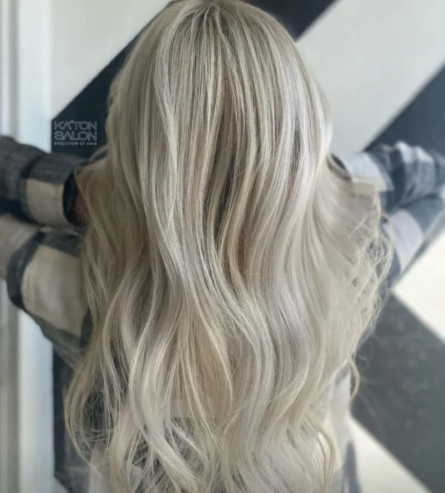 Back view of long, wavy, platinum blonde balayage hair. - Ka'ton Salon, Fort Lauderdale FL